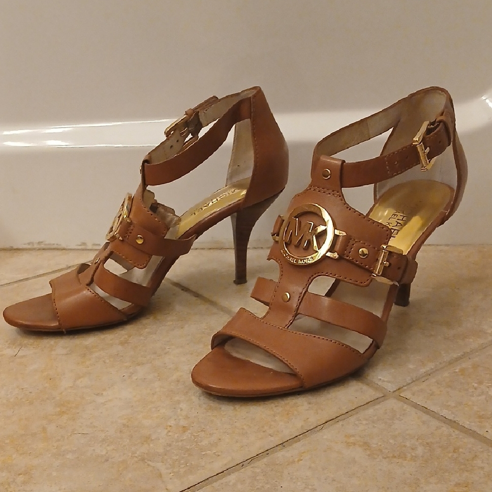 Michael Kors Tan Strappy Heels with Gold Accents
